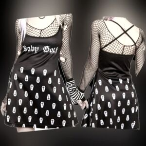Too fast blk white coffins crosses baby goth graphic strappy skater dress XL NWT